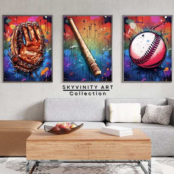 Retro Graffiti Home Run Wall Art Boys Room Man Cave Baseball Glove Bat Ball Decor Set 3 Unframed Paper Print