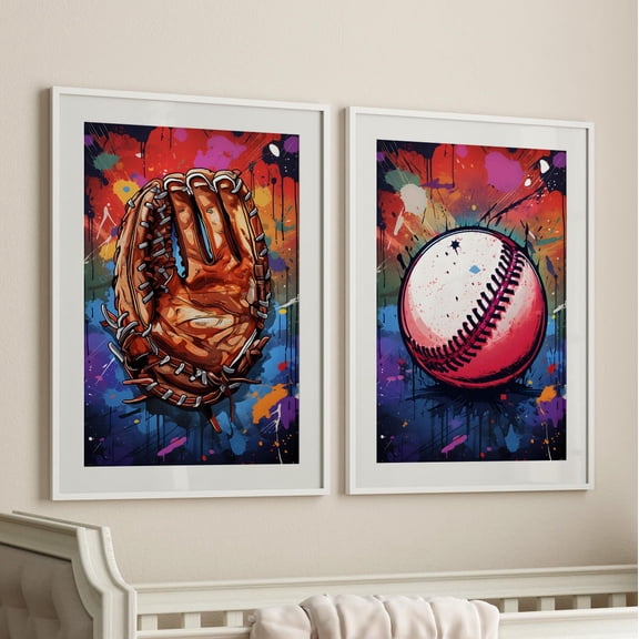 Retro Graffiti Home Run Wall Art Boys Room Man Cave Baseball Glove Set 2 Stretched Canvas