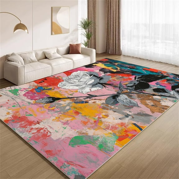 Retro Graffiti Rose Area Rugs, Painted Floral Carpet, Washable Non Slip Low Pile Soft Rug for Bedroom Living Room Decor Mat 5ftx8ft
