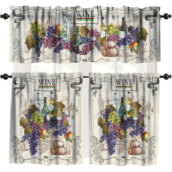 Retro Grape Wine Valance Curtains Decor, Watercolor Fruits Winery Vineyard Vintage Pattern Window Treatments, Rod Pocke Drapes for Kitchen Living Room Bathroom, 54x18in 1P/27x36in 2P