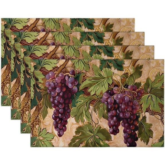 Retro Grapes PVC Placemats Set of 4, Purple Fruits Non-Slip Heat Resistant Washable Vinyl Table Mats for Party Kitchen Dining Decoration 12x18 Inch