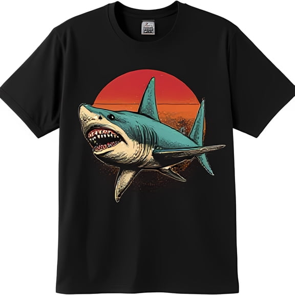 Retro Graphic Black T-Shirt with Fierce Teal Design & Sunset Background