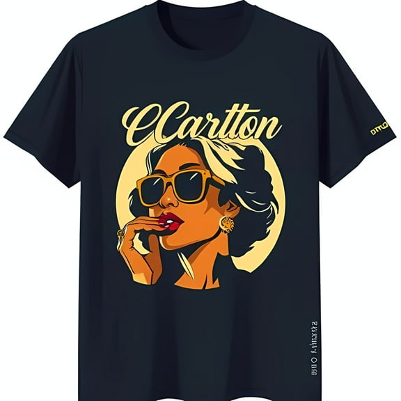 Retro Graphic Black T-Shirt with Stylish Woman in Sunglasses & Red 'ENJOI THE RIDE'