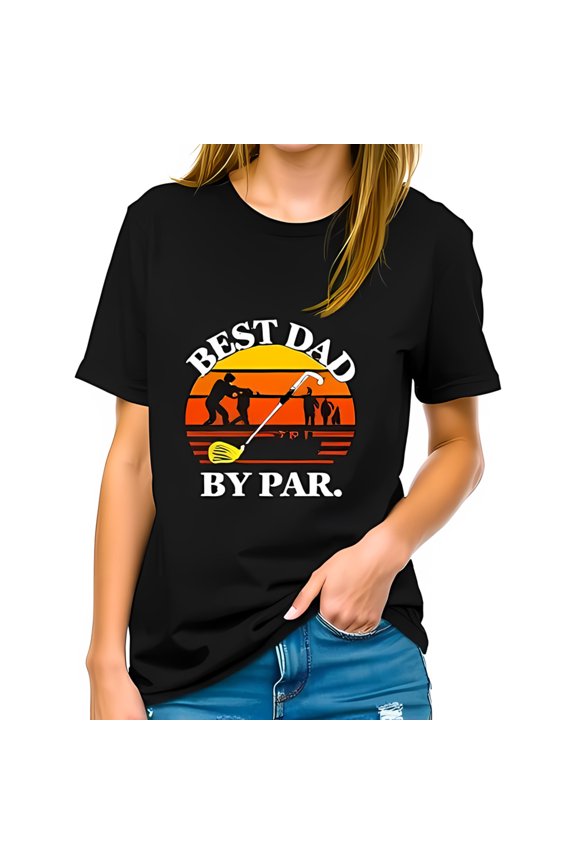 Retro Graphic Cotton Short Sleeve T-Shirt - " BEST DAD BY PAR " with Sunset & Golfer - Perfect for Father's Day