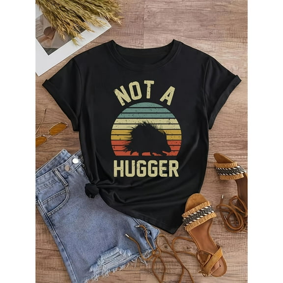 Retro Graphic Tee,Tops Has"Not A Hugger"Text With Frog and Sunset Print,Round Neck Regular Fit T-shirts, Size(S-5XL)