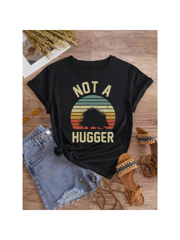 Retro Graphic Tee,Tops Has"Not A Hugger"Text With Frog and Sunset Print,Round Neck Regular Fit T-shirts, Size(S-5XL)