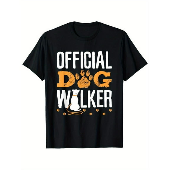 Retro Graphic Tee,Tops Has"Official Dog Walker"Text With Dog Claw Design,Round Neck Regular Fit T-shirts, Size(S-5XL)