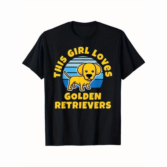 Retro Graphic Tee,Tops Has"This Girl Loves Golden Retrievers"Text With Golden Retriever Pattern,Round Neck Regular Fit T-shirts, Size(S-5XL)