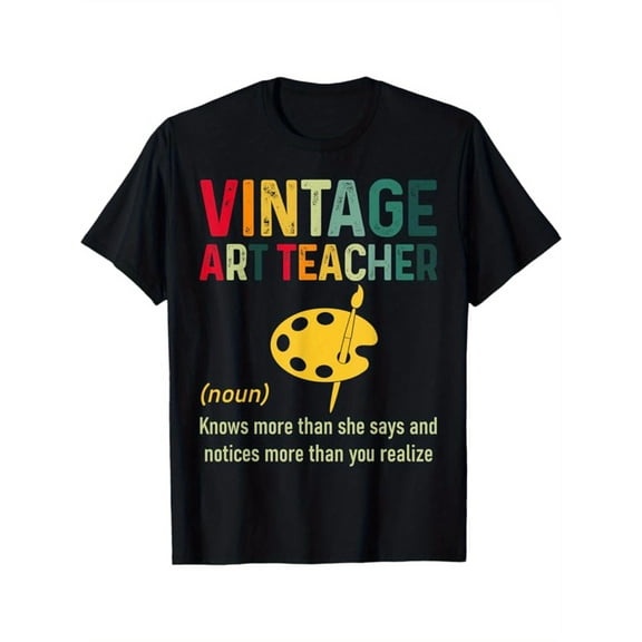 Retro Graphic Tee,Tops Has"Vintage Art Teacher"Text With Palette Pattern,Round Neck Regular Fit T-shirts, Size(S-5XL)