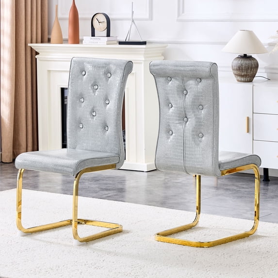 Retro Gray Dining Chairs - Set of 2, Faux Alligator Leather, Crystal Buckle Detail, Gold Metal Legs - Elegant Kitchen & Dining Room Seating