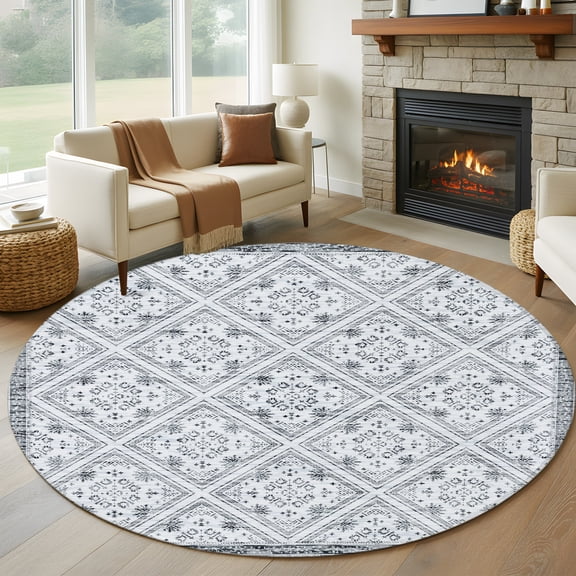 Retro Gray Geometric 7' Round Rug for Living Room Conversation Area, Abstract Old Flower Pattern Stained Washable Non Slip Large Circle Area Rug