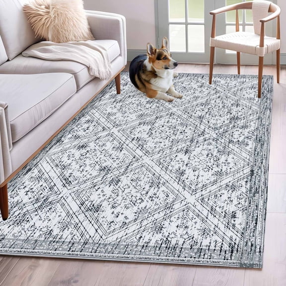 Retro Gray Geometric Area Rugs 3x5 ft Abstract Old Flower Pattern Stained Washable Rug Non Slip Indoor Carpet Absorbent Floor Mat for Living Room Bedroom Dining Room