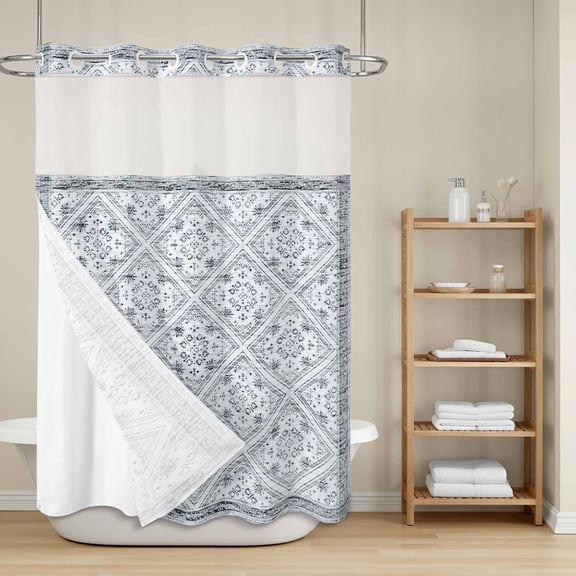 Retro Gray Geometric No Hook Shower Curtain with Snap in Liner, Abstract Old Flower Pattern Stained Waterproof Shower Curtains with See Through Top Window Liner for Bathroom, 48x72 Inches