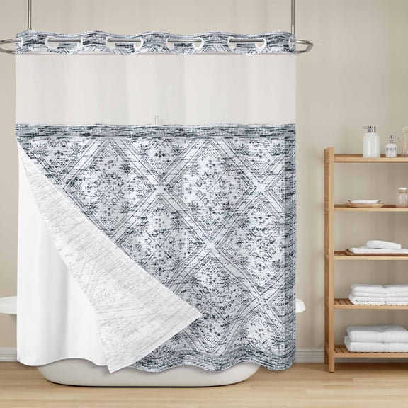 Retro Gray Geometric No Hook Shower Curtain with Snap in Liner, Abstract Old Flower Pattern Stained Waterproof Shower Curtains with See Through Top Window Liner for Bathroom, 72x72 Inches