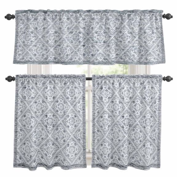 Retro Gray Geometric Kitchen Curtains and Valances Set, Abstract Old Flower Pattern Stained Rod Pocket Window Valance Window Curtain Panels for Living Room Bedroom Laundry, 27.5x36in, 3 Pieces