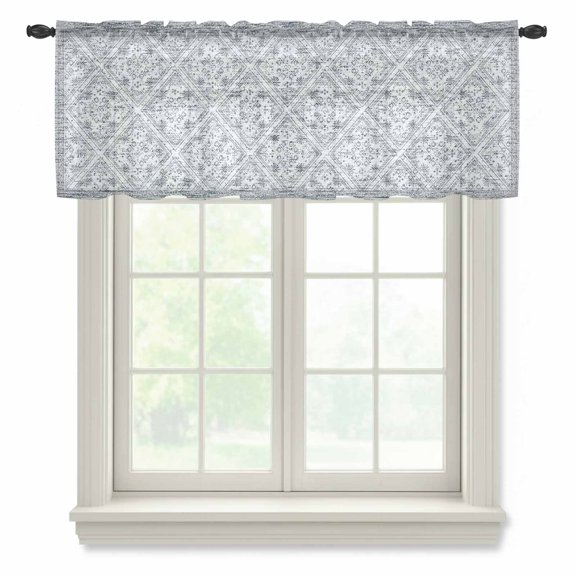 Retro Gray Geometric Sheer Valances for Windows, Abstract Old Flower Pattern Stained Semi Sheer Kitchen Valance Rod Pocket Small Voile Window Curtains for Living Room Bedroom 42 x 18 Inch