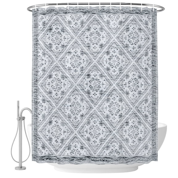 Retro Gray Geometric Shower Curtain for Bathroom, Abstract Old Flower Pattern Stained Waterproof Cloth Fabric Bathroom Accessories Set with 12 Rust Proof Plastic Hooks, 72"x96"
