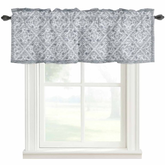 Retro Gray Geometric Valances for Windows Abstract Old Flower Pattern Stained Rod Pocket Curtain Valance Window Treatment Short Curtains for Kitchen Living Room, 42"x12"