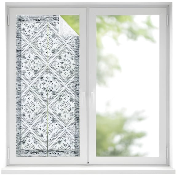 Retro Gray Geometric Window Privacy Film, Abstract Old Flower Pattern Stained Frosted Glass Window Clings Static Cling UV Heat Blocking Reusable Door Sticker for Bathroom 17.7 x 39.3 Inch