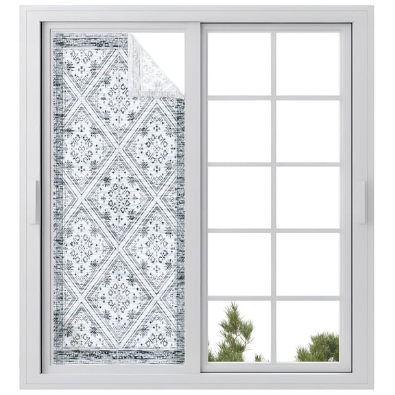 Retro Gray Geometric Window Privacy Film, Abstract Old Flower Pattern Stained Frosted Glass Window Clings Static Cling UV Heat Blocking Reusable Door Sticker for Bathroom 23.6 x 59 Inch