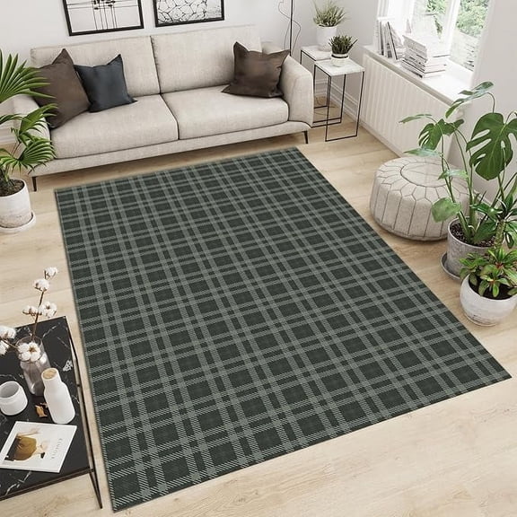 Retro Gray Green Buffalo Plaid Area Rugs, Farmhouse Rustic Boho Style Large Rug, With Anti-Slip Backing Washable Indoor Carpet For Living Room Bedroom Study Dining Room 4' x 5'