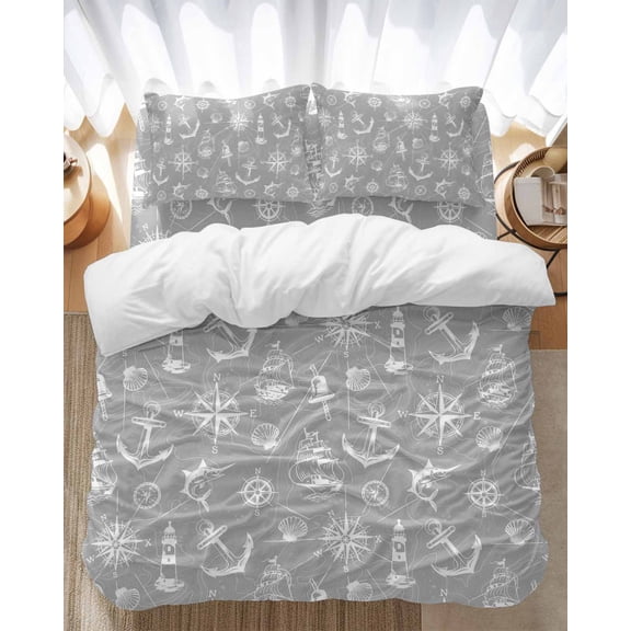 Retro Gray Map Bedding Duvet Cover Set Full Size 4 Pieces Abstract Sailing Boat White Line Bedding Set with Zipper Closure, 1 Comforter Cover 86x86 Inches 1 Flat Sheet & 2 Pillow Cases