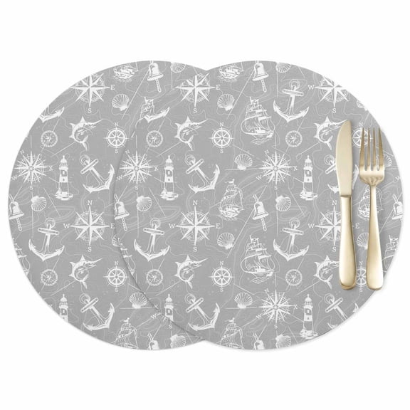 Retro Gray Map Leather Placemats Set of 2, 12 Inch, Abstract Sailing Boat White Line Waterproof Oil-Proof Place Mats, Non-Slip Table Mats for Kitchen, Dining Room, Indoor Outdoor