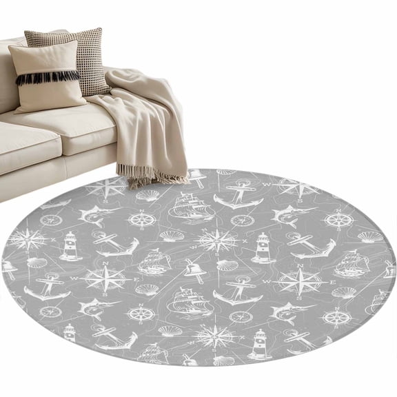 Retro Gray Map Round Area&nbsp;Rug 4ft Abstract Sailing Boat White Line Non-Slip&nbsp;Washable Circle Rugs Soft Felt Indoor Floor Mat for Bedroom Kitchen Living Room Bathroom