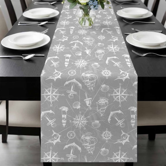 Retro Gray Map Table Runner, Abstract Sailing Boat White Line Washable Cotton-linen Table Runners Dining Kitchen Decoration for Everyday Home Wedding Party Decor, 13 x 120 Inch