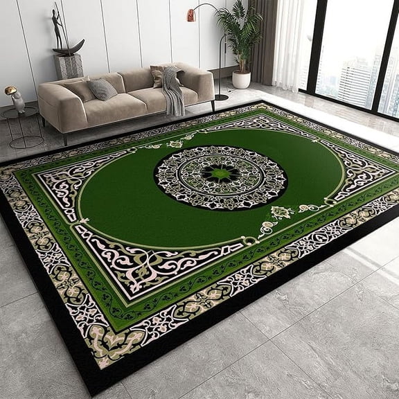 Retro Green Area Rug, Traditional Bohemian Prints Indoor Non Slip Throw Accent Rug, Machine Washable Carpet for Living Room Bedroom Study Office Kitchen Dining Room Floor Mat 3 x 4ft