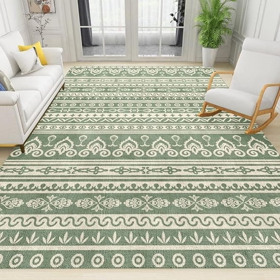 Retro Green Bohemian Style Area Rugs, Tribal Sage Stripe Print Large Rug, Indoor Non-Slip Kids Rugs, Machine Washable Breathable Durable Carpet For Front Entrance Floor Decor 3x4ft
