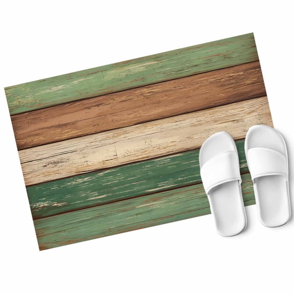 Retro Green Brown Wood Grain Door Mat Vintage Farmhouse Country Style Non Slip Absorbent Entrance Mat Washable Low Profile Indoor Doormat for Front Door Entryway Entry 16"x24"