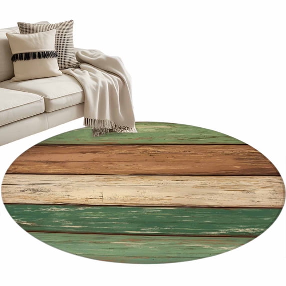 Retro Green Brown Wood Grain Washable Round Area Rug 4 ft, Vintage Farmhouse Country Style, Soft Non Slip Rugs Stain Repellent Indoor Felt Carpet for Living Dining Room Bedroom Home Office