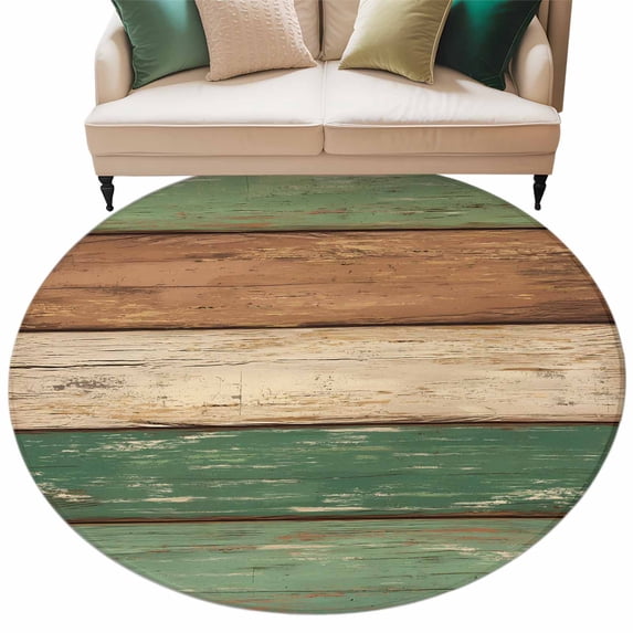 Retro Green Brown Wood Grain Washable Round Area Rug 6 ft, Vintage Farmhouse Country Style, Soft Non Slip Rugs Stain Repellent Indoor Felt Carpet for Living Dining Room Bedroom Home Office
