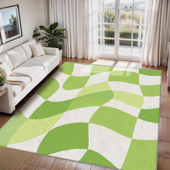 Retro Green Checkered Area Rugs, Wavy Groovy Checkerboard Carpet, Washable Non Slip Low Pile Soft Rug for Living Room Bedroom Decor Mat 2x3ft