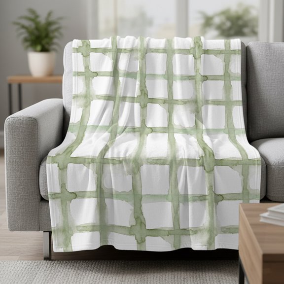Retro Green Checkered Fleece Throw Blanket Watercolor Lines Geometric Minimalist Ultra Soft Fuzzy Cozy Flannel Throw Blanket for Couch Sofa Bed Car Travel, Ideal Gifts 50x60 Inches