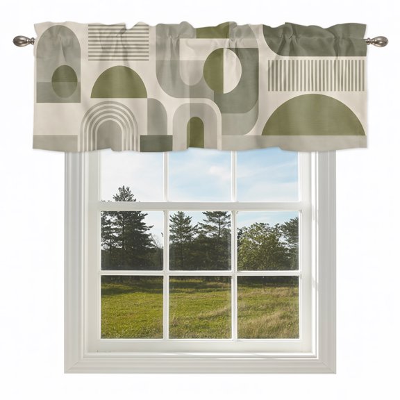 Retro Green Color Block Boho Arch Line Valances for Windows Abstract Geometric Rod Pocket Curtain Valance Window Treatment Short Curtains for Kitchen Living Room,42x12in