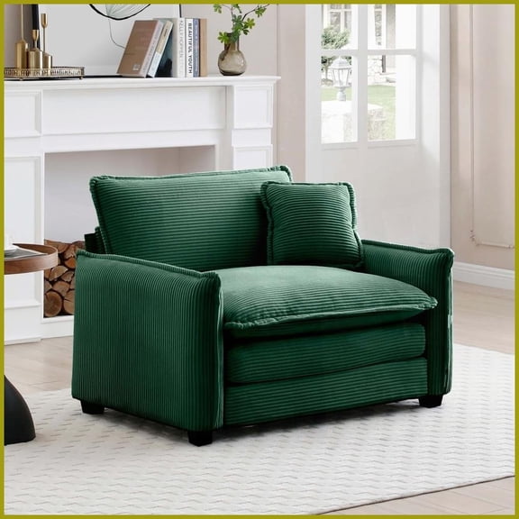 Retro Green Corduroy Single Deep-Seat Sofa with Pillow Stylish Comfort for Living Room & Bedroom