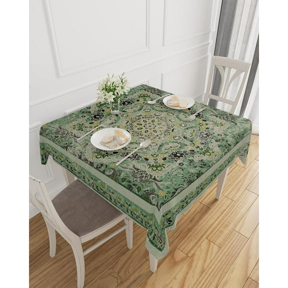 Retro Green Floral Tablecloth Waterproof for Round/Rectangle/Oval/Square Tablecloth 60x60 in Table Cloth Cover for Fall Baby Shower Christmas Wedding Party, Rustic Tribal Ethnic Bohemian Farmhouse