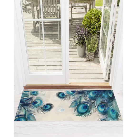 Retro Green Front Door Mat Blue Peacock Feathers Abstract Art Welcome Doormat Indoor Outdoor Entrance Floor Mat Non-Slip Washable Runner Rug for Front Porch Decor 16x47 Inch