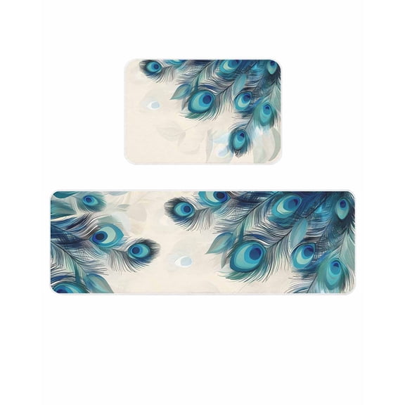 Retro Green Kitchen Mats for Floor 2 Piece, Blue Peacock Feathers Abstract Art Absorbent Non-Slip Kitchen Rugs Comfort Standing Mat for Laundry, Hallways 19.7"x31.5"+19.7"x47.2"