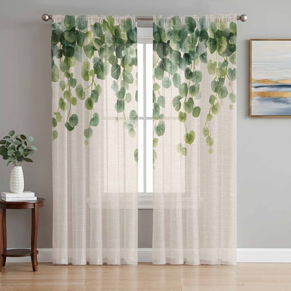 Retro Green Leaves Sheer Curtains 63 Inch Length 2 Panels Set, Spring Pastoral Botanical Plant Vines Voile Window Treatment Rod Pocket Curtains Sheers Drapes for Bedroom/Living Room/Kitchen 52x"63"x2