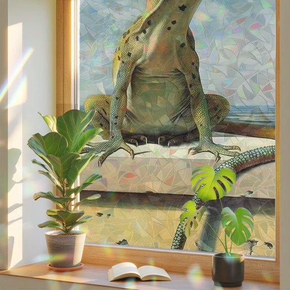 Retro Green Lizard Window Privacy Film, Rainbow Film Decorative Window Sticker 17.7x39.3in, Blue Sky White Cloud Sun Blocking Static Stained Glass Cling Tint Non-Adhesive