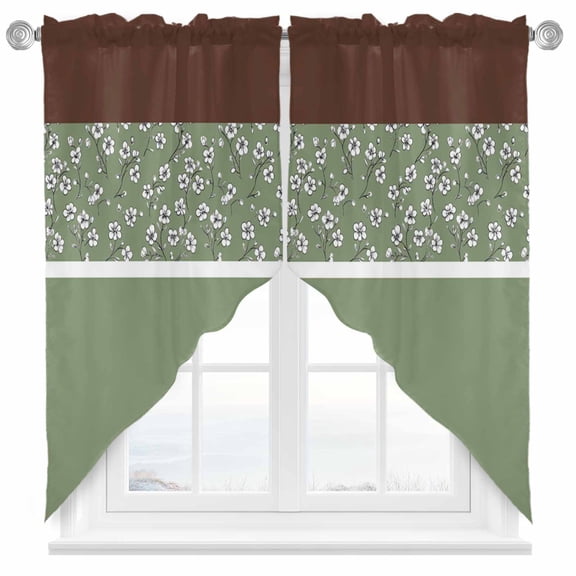 Retro Green Swag Kitchen Curtain Valances, Brown Floral Striped Pattern Stitching Art Rod Pocket Curtains Window Treatment Decor Valances for Bedroom Bathroom, 2 Panels 36 x 36 Inch