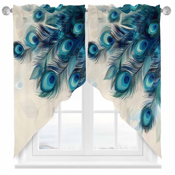 Retro Green Swag Valances for Windows 2 Pack Blue Peacock Feathers Abstract Art Swag Kitchen Curtains 36 Inches Long Rod Pocket Short Window Treatment for Kitchen Bathroom 36"x36"