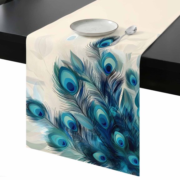 Retro Green Table Runner 13x48 Inch Blue Peacock Feathers Abstract Art Table Runner Non-Slip Dresser Scarves for Holiday Decorations, Party, Dinner and Gatherings, 1 Pack