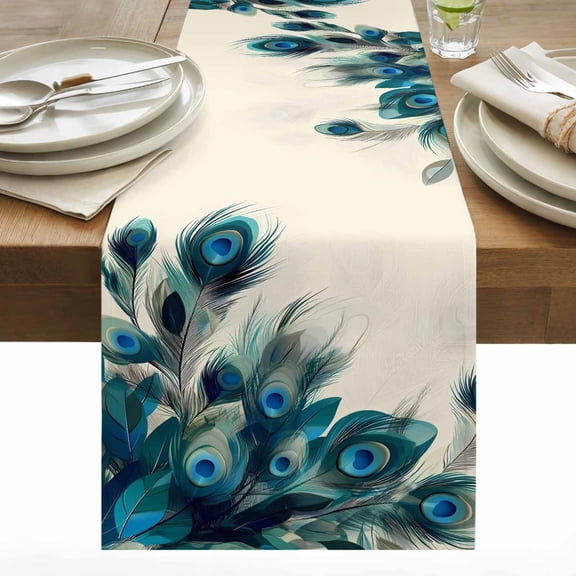 Retro Green Table Runner 13x48 inch Peacock Feathers Abstract Art Beige Cotton Linen Dining Table Runner Ideal for Dresser Kitchen Coffee Tables - Machine Washable
