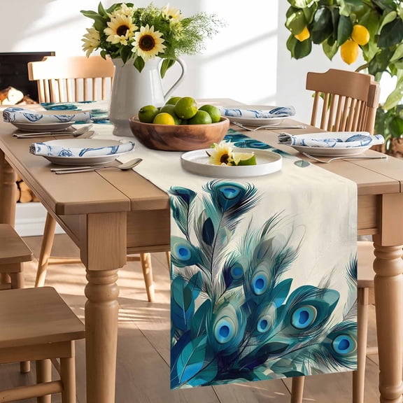 Retro Green Table Runner, Peacock Feathers Abstract Art Beige Washable Kitchen Table Runners Dress Scarves for Dining Table Decorations Party/Restaurant/Indoor Outdoor Use, 13x72in
