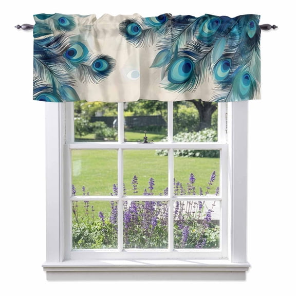 Retro Green Valances for Windows, Blue Peacock Feathers Abstract Art Valance Window Treatment Rod Pocket Short Curtains Valances for Kitchen Bathroom 54"W x 18"L