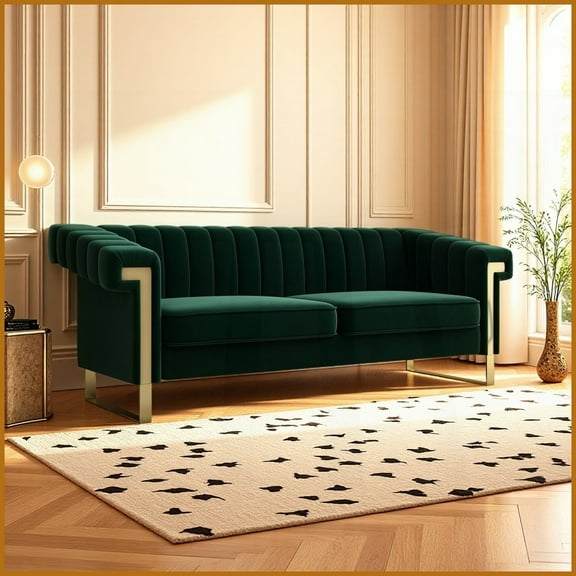 Retro Green Velvet 3-Seat Sofa with Gold Accents - Channel-Tufted for Living Room & Office | Retro Green | Velvet | Tight Back